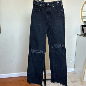 Zara Black Distressed Wide Leg Jeans